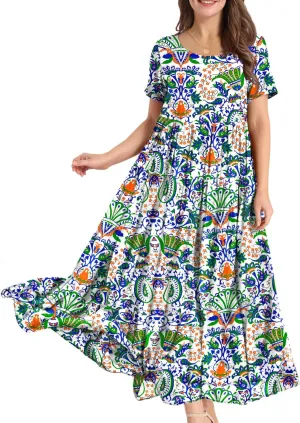 YESNO Women Casual Loose Bohemian Floral Dress with Pockets Short Sleeve Long Maxi Summer Beach Swing Dress EJF