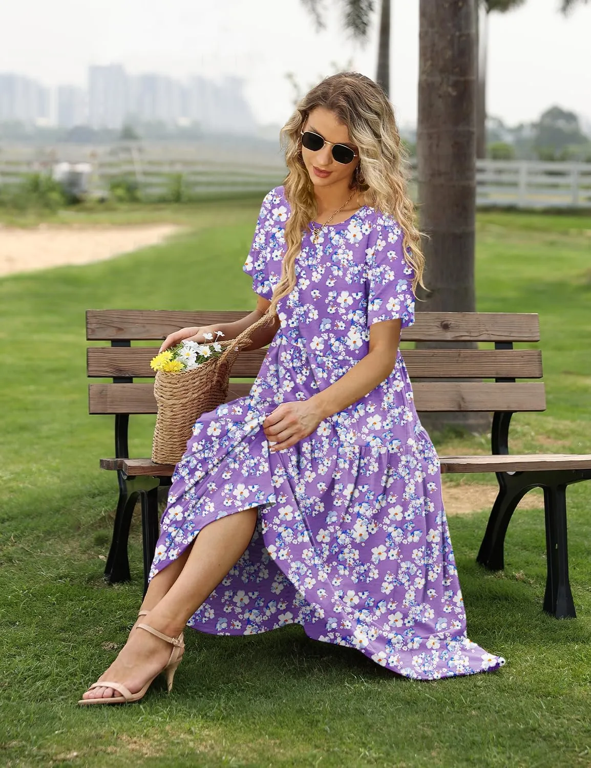 YESNO Women Casual Loose Bohemian Floral Dress with Pockets Short Sleeve Long Maxi Summer Beach Swing Dress EJF
