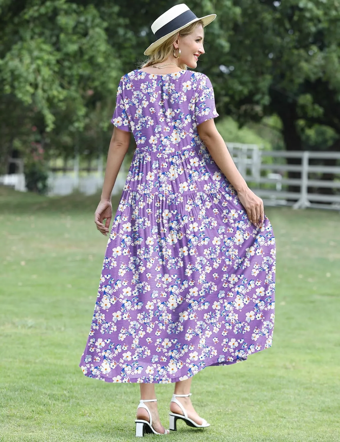 YESNO Women Casual Loose Bohemian Floral Dress with Pockets Short Sleeve Long Maxi Summer Beach Swing Dress EJF
