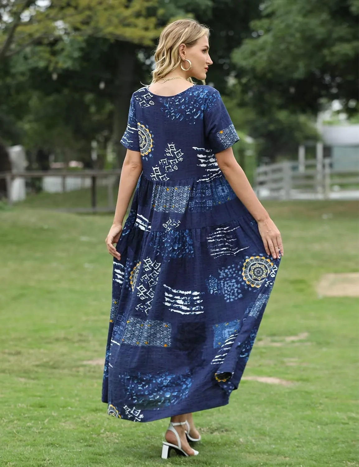YESNO Women Casual Loose Bohemian Floral Dress with Pockets Short Sleeve Long Maxi Summer Beach Swing Dress EJF