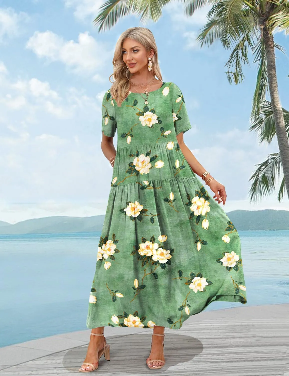 YESNO Women Casual Loose Bohemian Floral Dress with Pockets Short Sleeve Long Maxi Summer Beach Swing Dress EJF