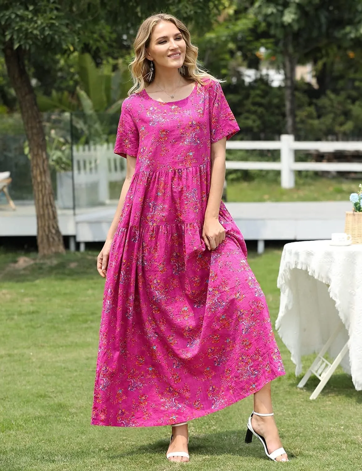 YESNO Women Casual Loose Bohemian Floral Dress with Pockets Short Sleeve Long Maxi Summer Beach Swing Dress EJF
