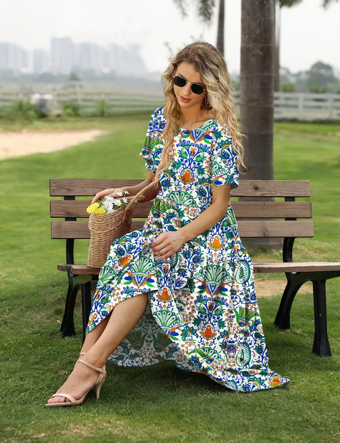 YESNO Women Casual Loose Bohemian Floral Dress with Pockets Short Sleeve Long Maxi Summer Beach Swing Dress EJF