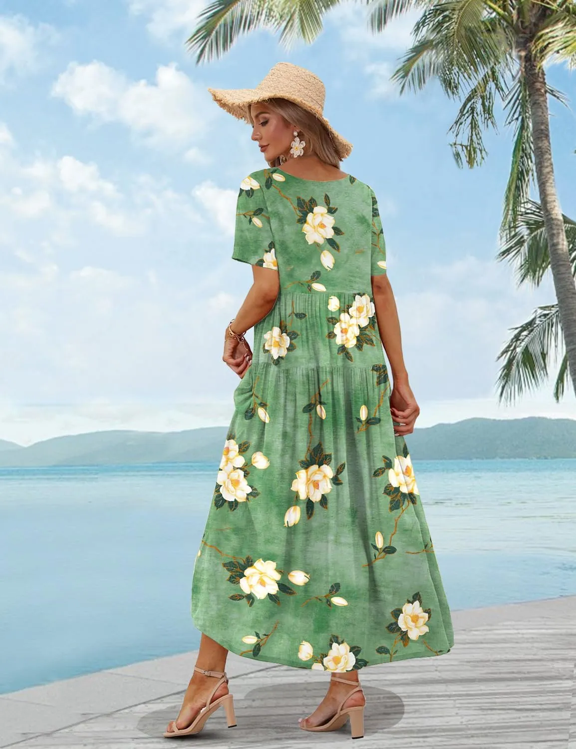 YESNO Women Casual Loose Bohemian Floral Dress with Pockets Short Sleeve Long Maxi Summer Beach Swing Dress EJF