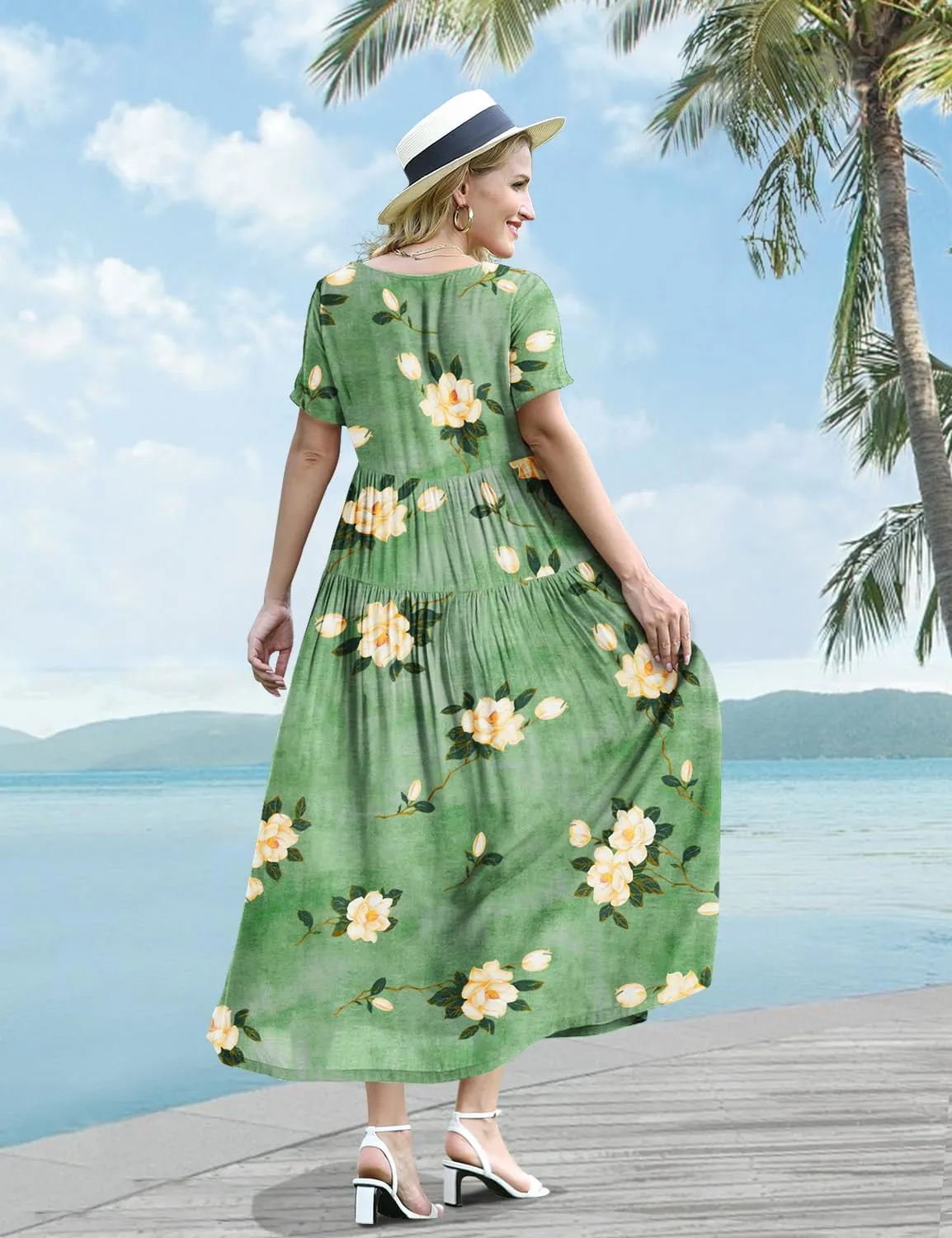 YESNO Women Casual Loose Bohemian Floral Dress with Pockets Short Sleeve Long Maxi Summer Beach Swing Dress EJF