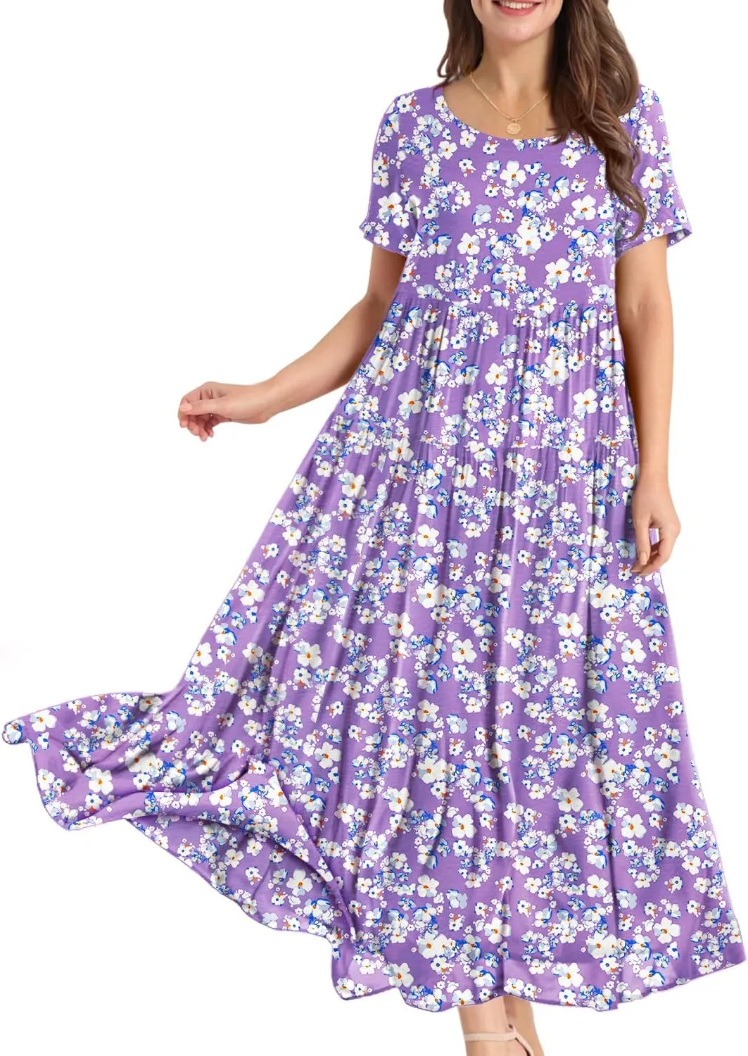 YESNO Women Casual Loose Bohemian Floral Dress with Pockets Short Sleeve Long Maxi Summer Beach Swing Dress EJF