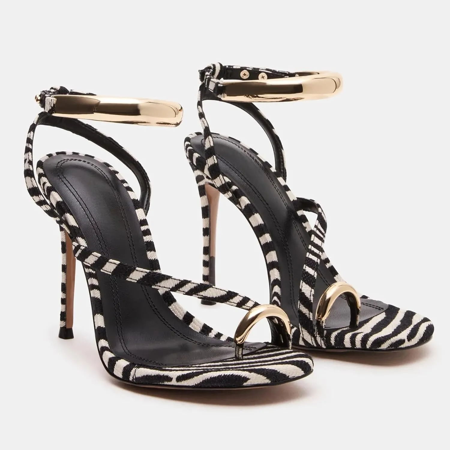 Yishaweiqi Metal Ankle Strap Heeled Sandals for Women Toe Ring Strappy Stiletto High Heels Square Toe Dress Sandals