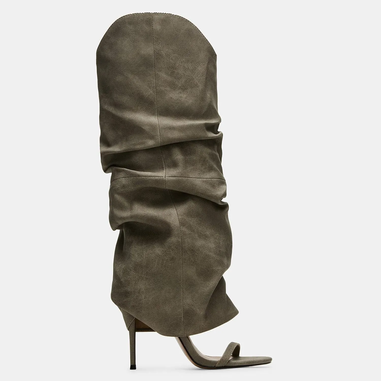 Yishaweiqi Slouched Ruched Knee High Heels for Women Round Open Toe Stiletto Heels Pull On Wide Calf Sandals