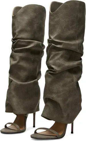 Yishaweiqi Slouched Ruched Knee High Heels for Women Round Open Toe Stiletto Heels Pull On Wide Calf Sandals