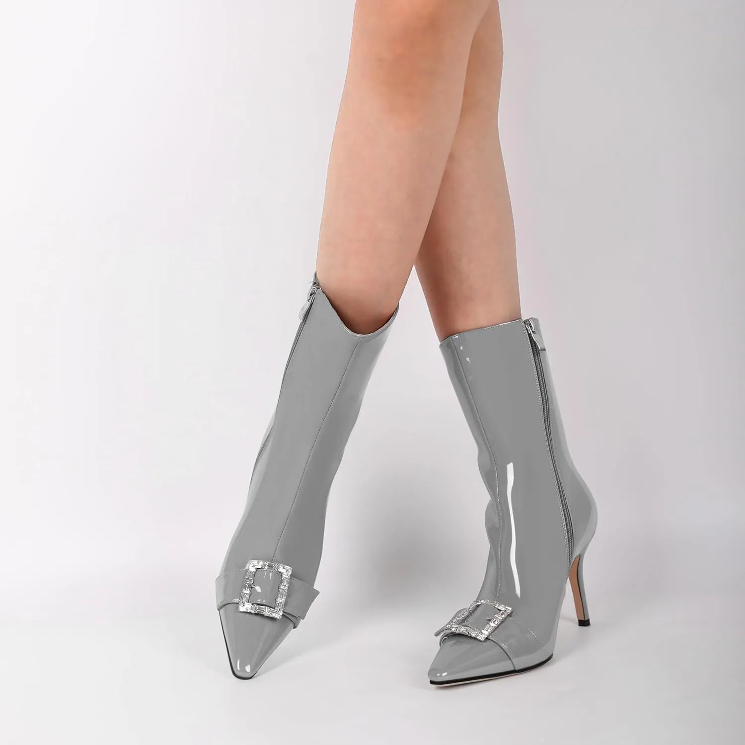 YODEKS Ankle Boots For Women Short Boots Pointed Toe 3.5 Inch High Heel Boots Rhinestone Buckle Boots