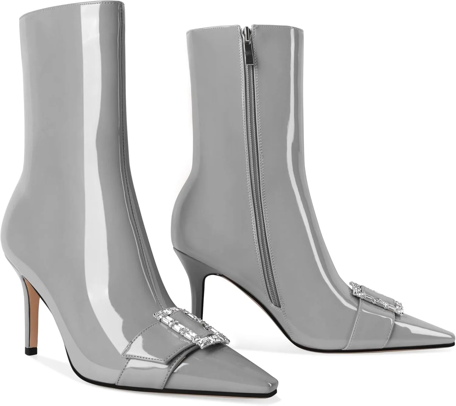 YODEKS Ankle Boots For Women Short Boots Pointed Toe 3.5 Inch High Heel Boots Rhinestone Buckle Boots
