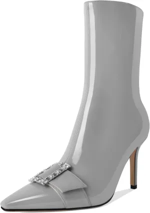 YODEKS Ankle Boots For Women Short Boots Pointed Toe 3.5 Inch High Heel Boots Rhinestone Buckle Boots