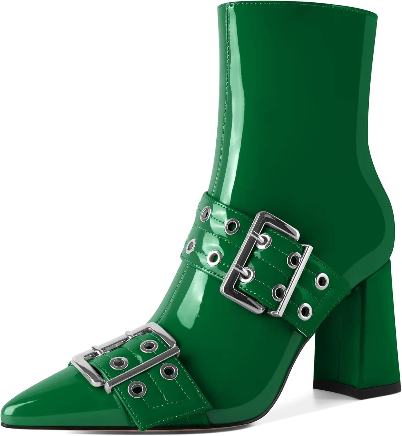 YODEKS Ankle Boots For Women Short Boots Pointed Toe Chunky High Heel Boots Metal Buckle Studded Boots