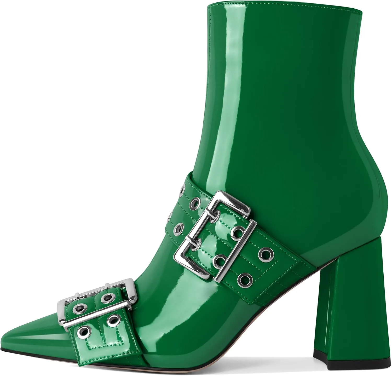 YODEKS Ankle Boots For Women Short Boots Pointed Toe Chunky High Heel Boots Metal Buckle Studded Boots