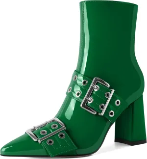 YODEKS Ankle Boots For Women Short Boots Pointed Toe Chunky High Heel Boots Metal Buckle Studded Boots