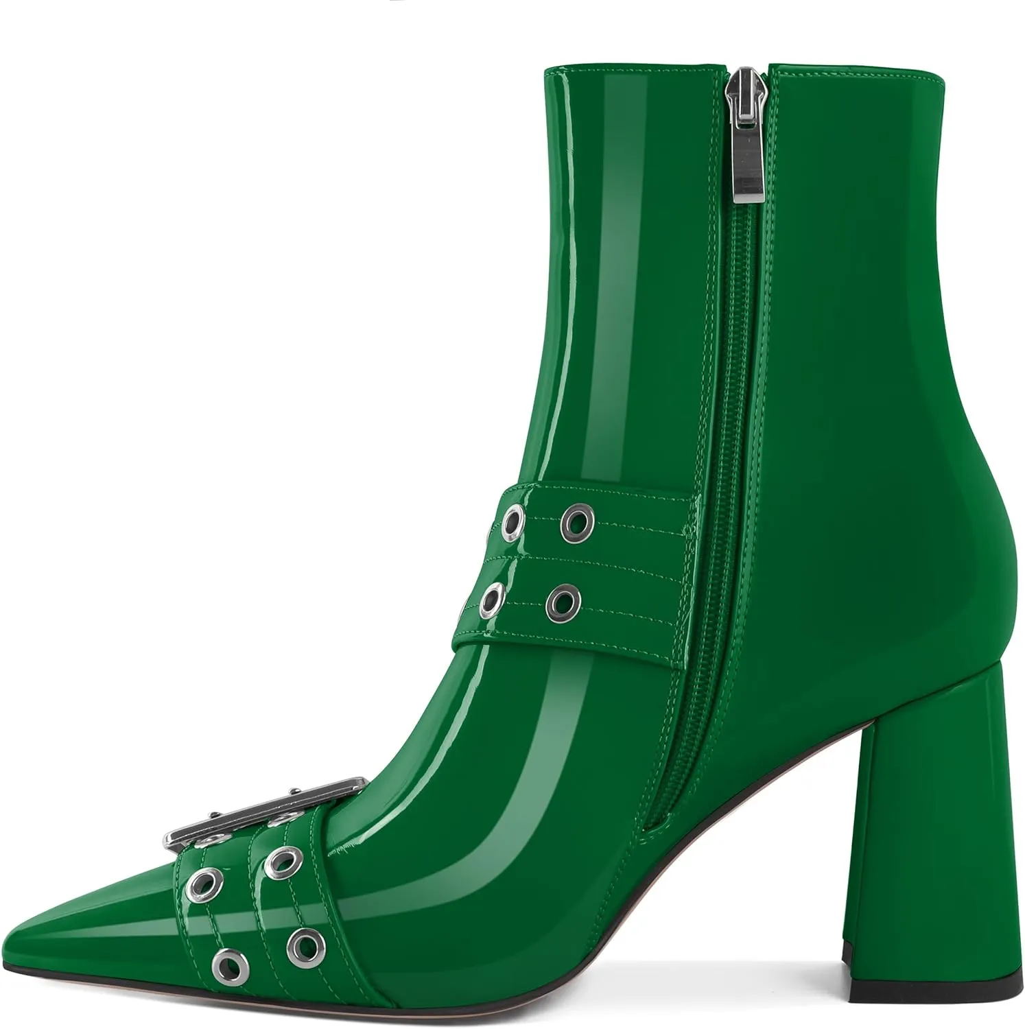 YODEKS Ankle Boots For Women Short Boots Pointed Toe Chunky High Heel Boots Metal Buckle Studded Boots