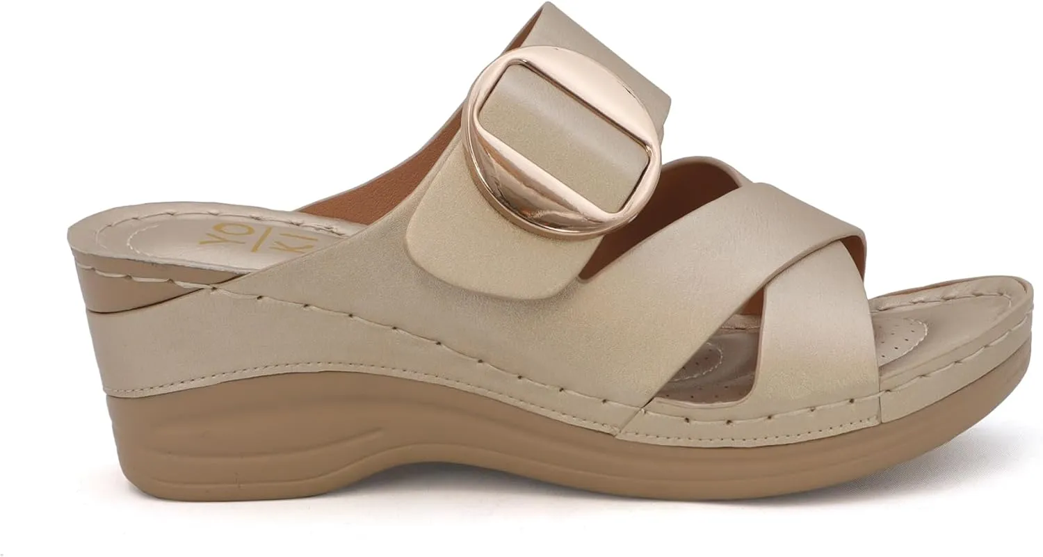 YOKI IRENA Women’s Slides Comfort Wedge Sandals with Crisscross Upper & Buckle, Dressy Sandals Women, Wedge Sandals for Women, Women's Sandals Comfortable, Summer Sandals