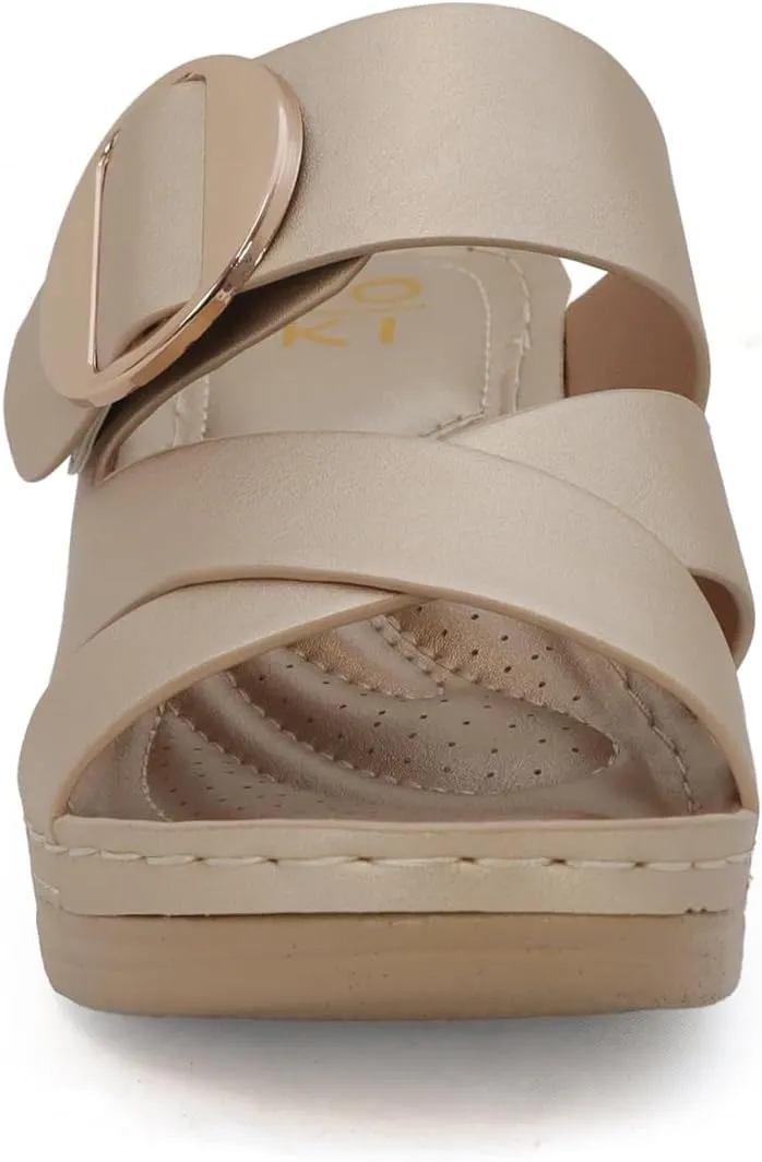 YOKI IRENA Women’s Slides Comfort Wedge Sandals with Crisscross Upper & Buckle, Dressy Sandals Women, Wedge Sandals for Women, Women's Sandals Comfortable, Summer Sandals