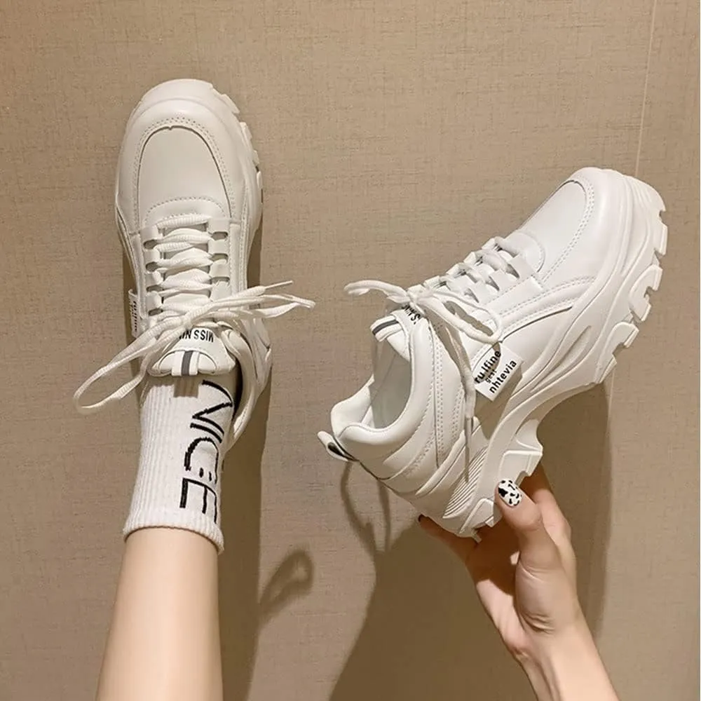 YSMIIH Women Platform Chunky Sneakers Lace up Silver White Cosy Athletic Sports Walking Shoes