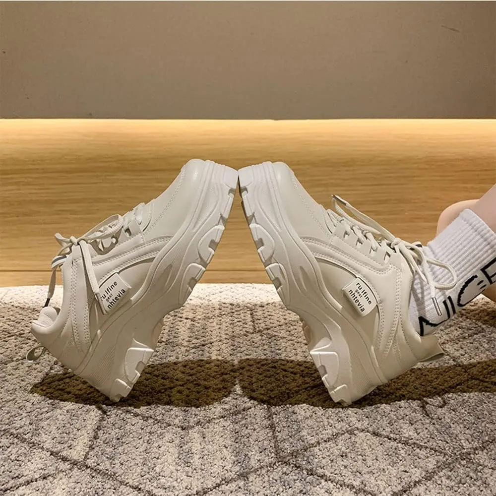 YSMIIH Women Platform Chunky Sneakers Lace up Silver White Cosy Athletic Sports Walking Shoes