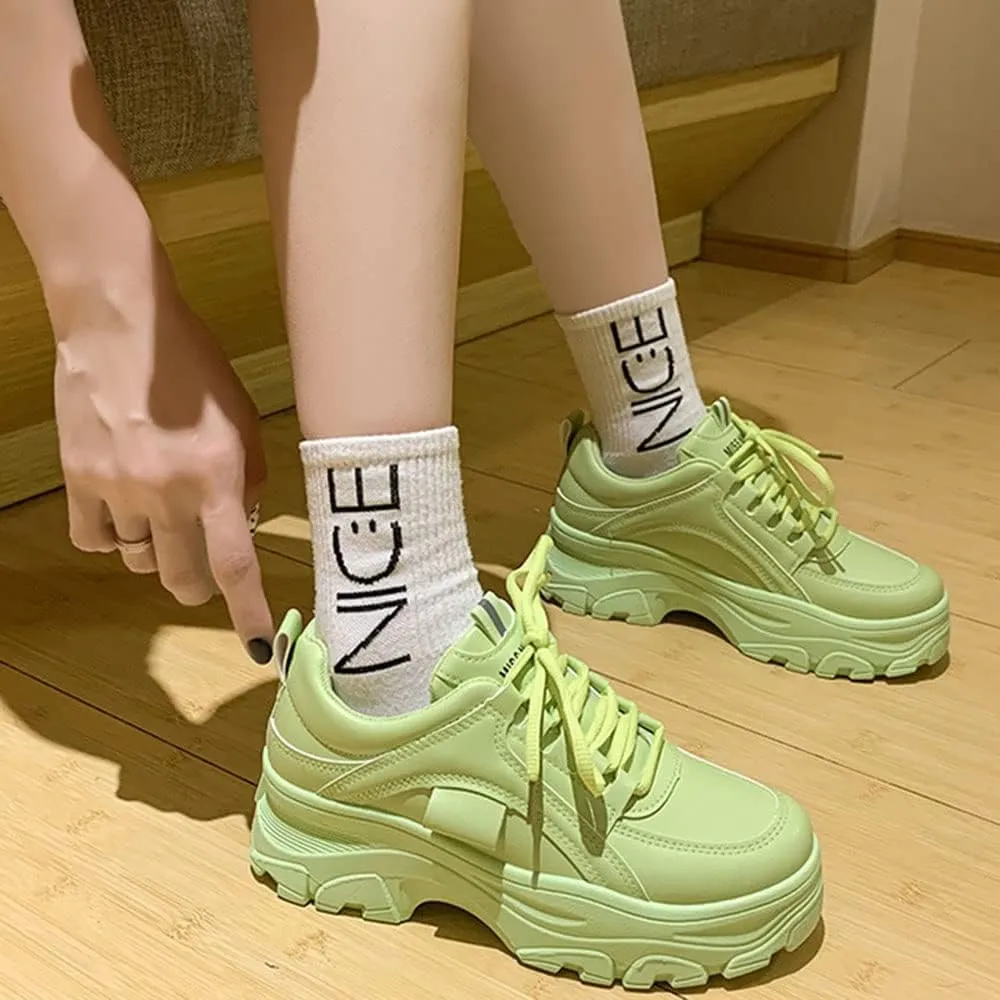 YSMIIH Women Platform Chunky Sneakers Lace up Silver White Cosy Athletic Sports Walking Shoes
