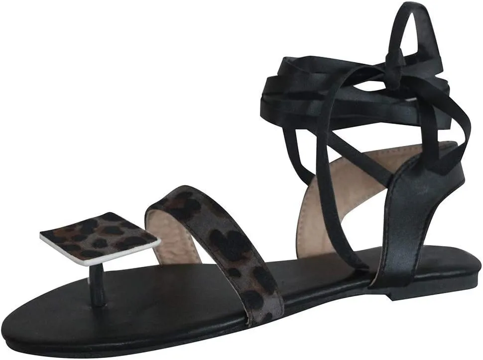 ZBYY Women's Flat Gladiator Sandals Summer Strappy Leopard Toe Ring Open Toe Sandal Flip Flops Beach Sandals