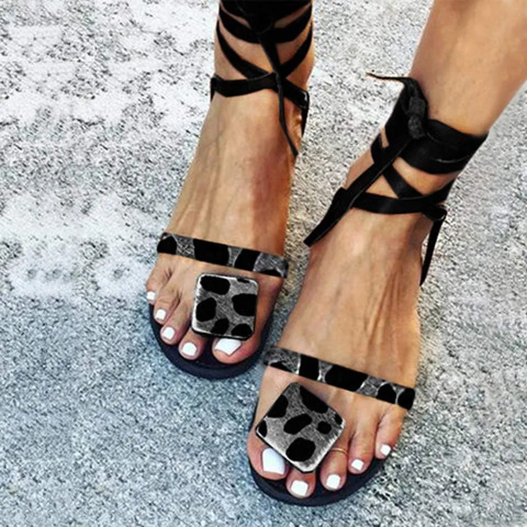 ZBYY Women's Flat Gladiator Sandals Summer Strappy Leopard Toe Ring Open Toe Sandal Flip Flops Beach Sandals