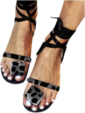 ZBYY Women's Flat Gladiator Sandals Summer Strappy Leopard Toe Ring Open Toe Sandal Flip Flops Beach Sandals