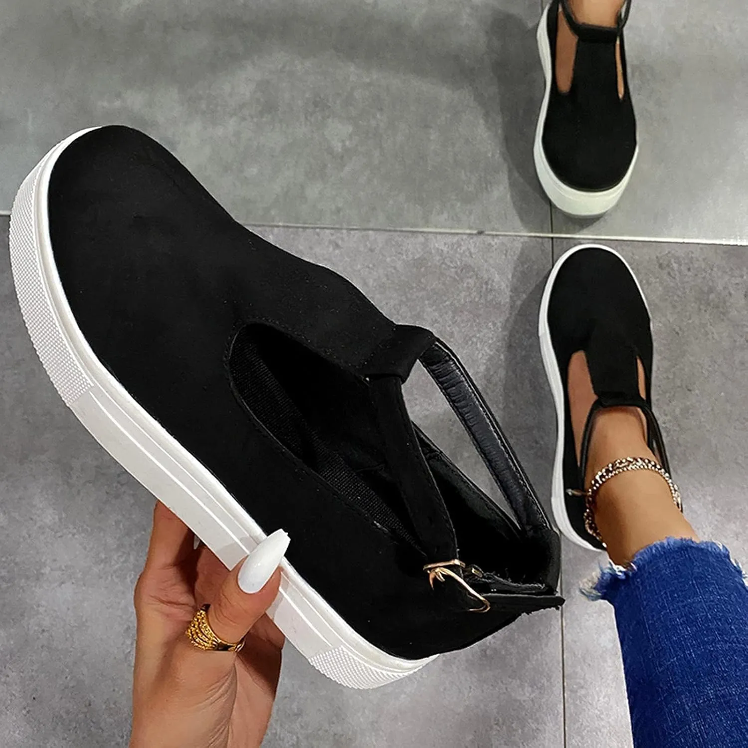 ZBYY Womens Sandals Summer Casual Buckle Strap Flat Sandals Comfy Slip On Hollow Out Breathable Walking Loafers Sneakers