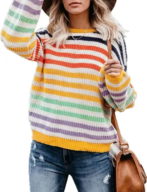 ZESICA Women's Fall Long Sleeve Crew Neck Striped Color Block Casual Loose Knitted Pullover Sweater Tops
