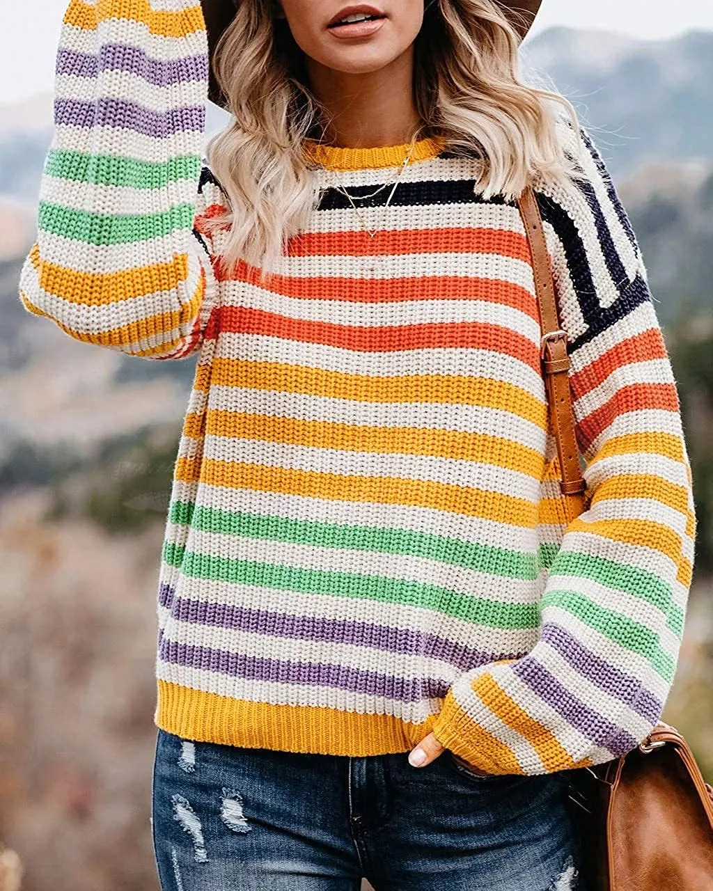 ZESICA Women's Fall Long Sleeve Crew Neck Striped Color Block Casual Loose Knitted Pullover Sweater Tops