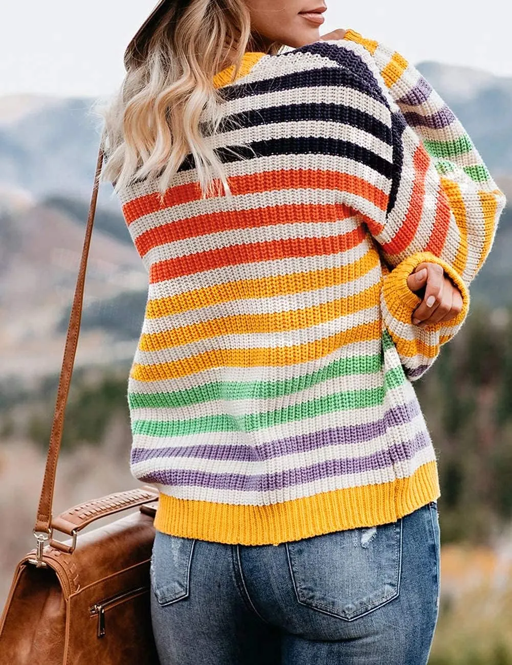 ZESICA Women's Fall Long Sleeve Crew Neck Striped Color Block Casual Loose Knitted Pullover Sweater Tops
