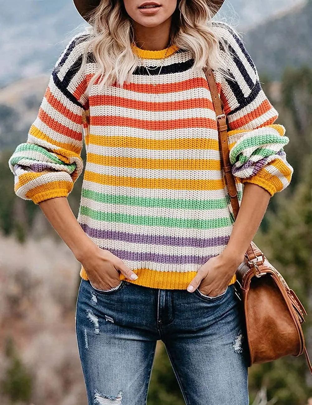 ZESICA Women's Fall Long Sleeve Crew Neck Striped Color Block Casual Loose Knitted Pullover Sweater Tops