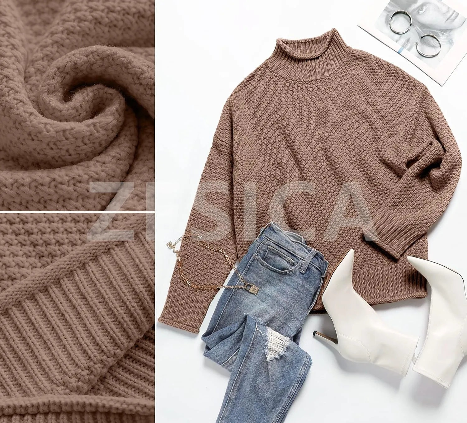 ZESICA Women's Turtleneck Batwing Sleeve Loose Oversized Chunky Knitted Pullover Sweater Jumper Tops
