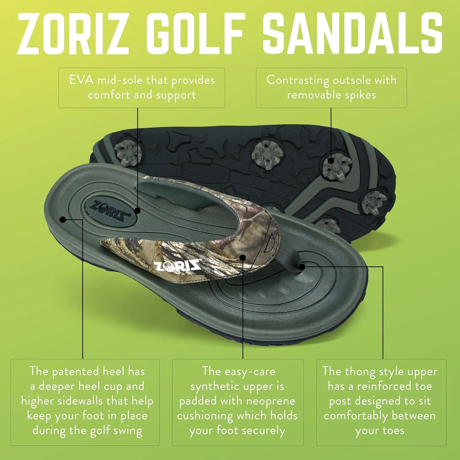 ZORIZ Mossy Oak Golf Sandals for Women and Men, Thong Flip Flops With Removable Spikes, Golf Footwear With Deeper Heel Cup and Higher Sidewalls for Comfort
