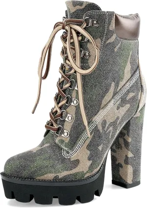 Z.Oufeier Women's Platform Ankle Boots Fashion Chunky Heel Lug Sole Combat Boots Lace Up High Heeled Booties
